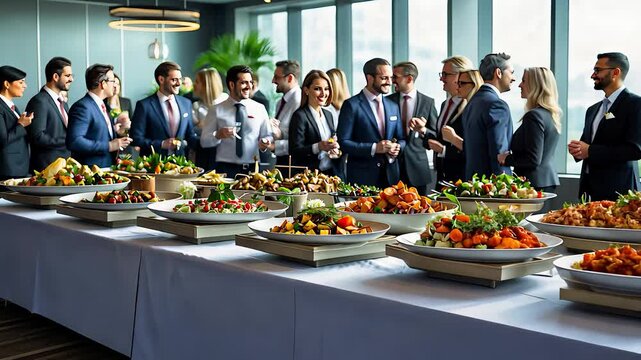 Professional business event with diverse group networking near a buffet table filled with fresh gourmet dishes

