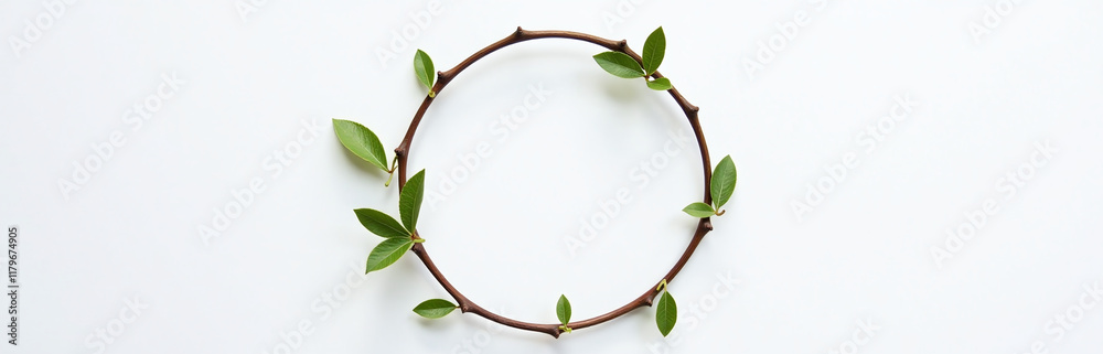 Poster A Delicate Wreath Made From A Spring Branch Is Placed In A Circular Frame On A White Background. 00003
