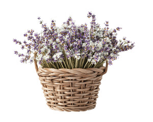 A basket filled with fresh lavender flowers on a white isolated background.