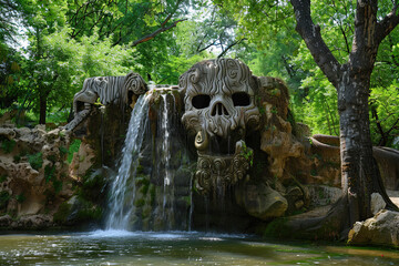 Fantastically beautiful fountain against backdrop of natural national park, abstract vivid composition consists of fictional unreal fantastic vision on background