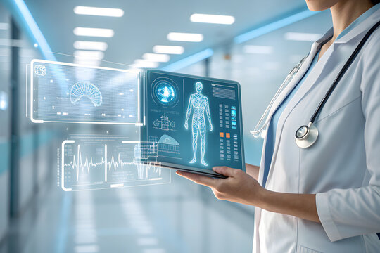 Healthcare Professional Using Digital Tablet in Modern Hospital Setting