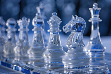 Chess piece standing on checkered game board during strategic game of chess, abstract vivid composition consists of fictional unreal fantastic vision on background