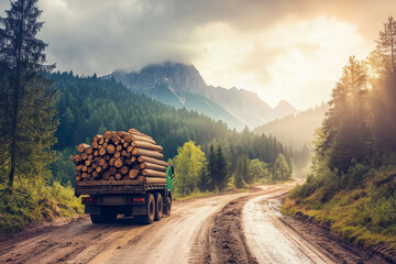Naklejka premium A logging truck loaded with freshly cut timber driving along a dirt road with copy space. Warm morning light. Mountain forest background. 