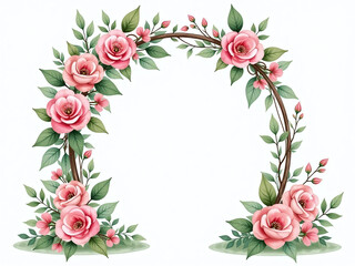 A Delicate Watercolor Painting Features A Romantic Archway Filled With Pink Flowers And Greenery, Accented By Wedding Clip Art. 00002
