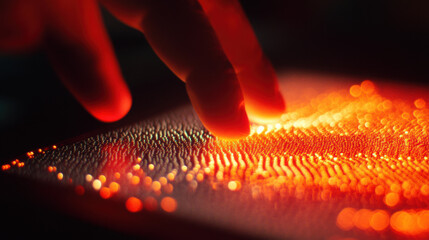 Close-up of a Human Finger Gently Touching a Vibrant Surface with Flowing Light and Dynamic Patterns in a Dark Environment, Creating a Mesmerizing Visual Experience
