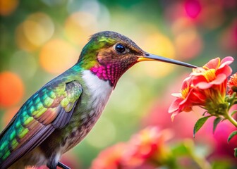 Fototapeta premium Hummingbird in Flight, Bokeh Background, Nectar Feeding, Close-Up Wildlife Photography