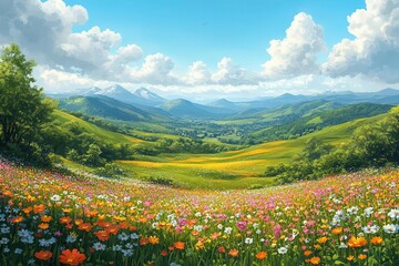 Obraz premium serene summer landscape panorama featuring rolling hills, wildflower meadows, and fluffy white clouds in whimsical cartoon art style