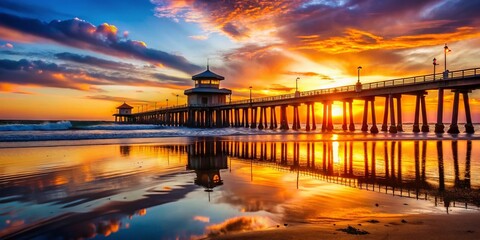 Obraz premium Huntington Beach Sunset Silhouette: Pier Reflections, Orange County California