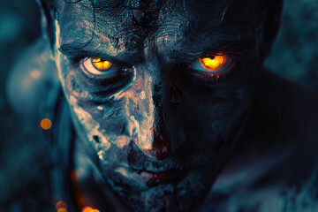 Scary sinister zombie wandering in street with dramatic lighting on Halloween, abstract vivid composition consists of fictional unreal fantastic vision on background