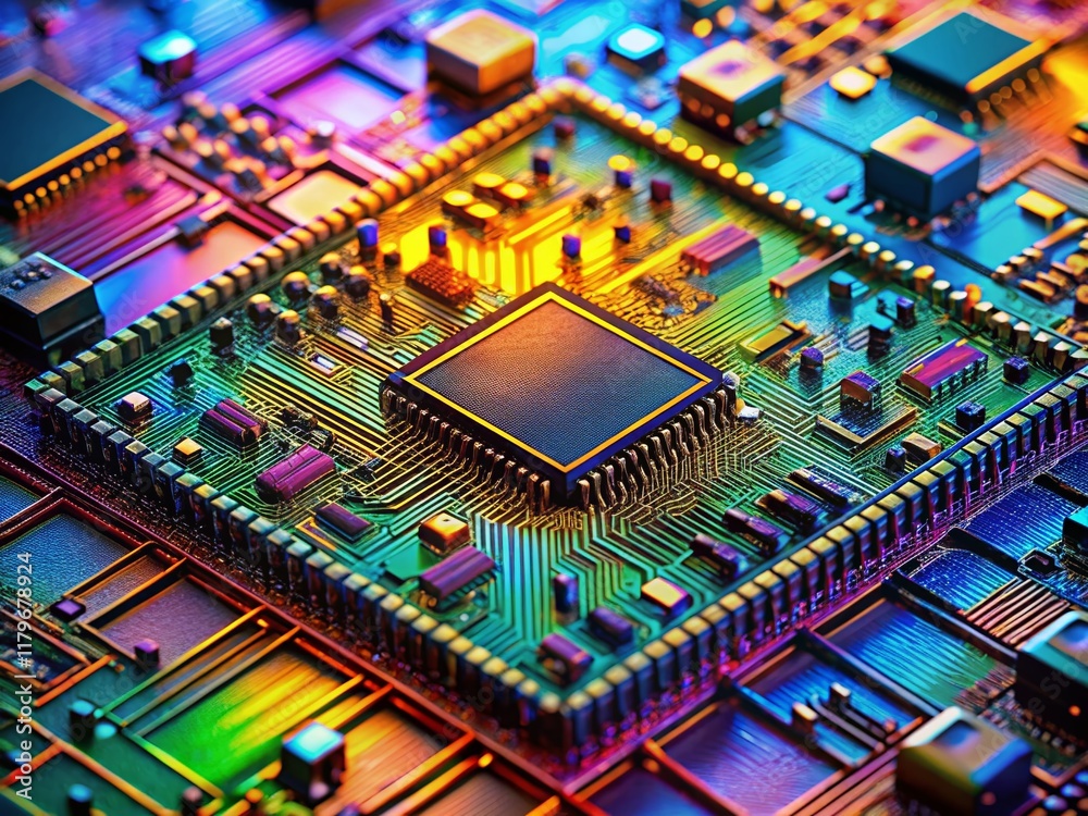 Poster Hyperrealistic Close-up of Computer Microchip Circuitry: Intricate Transistors and Patterns