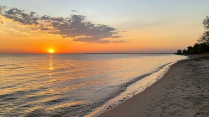 Sunset beach serenity, calm waves, coastal landscape, tranquil scene, travel brochure
