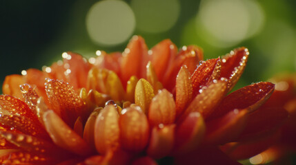 Vibrant Orange Flower Petals Glistening with Water Droplets Against a Soft Green Background, Capturing the Essence of Nature's Beauty in Macro Photography