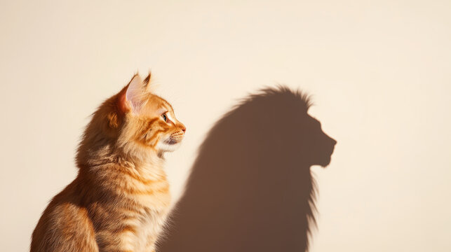 little cat sitting in spotlight with shadow resembling lion - Powered by Adobe