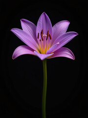 Fototapeta premium A Delicate Purple Lily Blooms In Isolation Against A Deep Black Background, Its Petals Shining Softly Like A Jewel. 00001