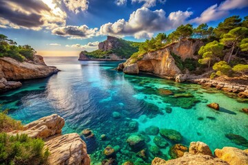 Fototapeta premium Ibiza Cove and Calanque: Stunning Turquoise Waters and Dramatic Cliffs
