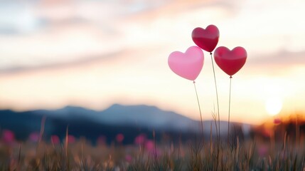 Three Heart-Shaped Balloons Against a Beautiful Sunset Background in a Scenic Outdoor Setting