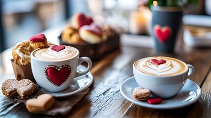 A romantic coffee shop counter featuring heart-themed pastries and latte art