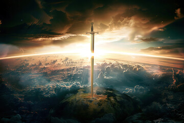 Naklejka premium Fantastic weapon royal sword with beautiful handle and sharp blade, abstract vivid composition consists of fictional unreal fantastic vision on background