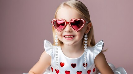 A pretty little girl in red heart-shaped glasses and a white dress