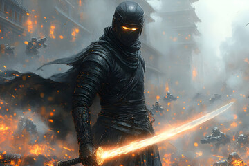 A lone ninja warrior stands amidst a fiery battlefield, his glowing katana held aloft, a symbol of resilience and strength against the encroaching fla