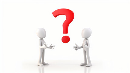 Two individuals communicating with expressive gestures, one pointing and the other with open palms, uncertainty signified by a red question mark, isolated on white.