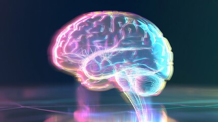 Vibrant Digital Illustration: Glowing Brain, Futuristic Style, Close-Up View. AI Generated