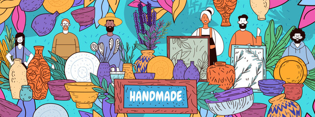 Handmade crafts market with diverse people showcasing pottery plants and art in vibrant colors abstract background decorative elements