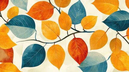 Fototapeta premium Autumn Leaves: A Vibrant Tapestry of Fall Foliage, Botanical Illustration, Nature's Artistic Hues, Abstract Design, Warm and Cool Color Palette, Elegant and Serene Artwork