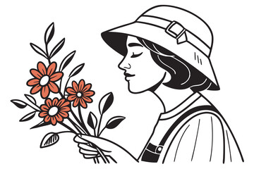 line art vector illustration women with a bucket hat holding flowers B.eps