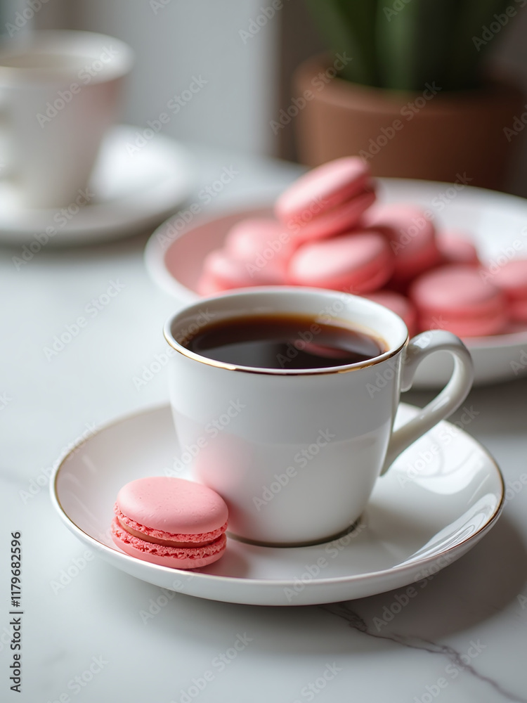 Poster A Delicate Cup Of Coffee Sits Beside A Plate Of Pink Macaroons On A Blurred Background With Selective Focus Applied. 00003