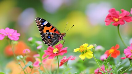 Fototapeta premium Vibrant Butterfly in a Colorful Flower Garden
