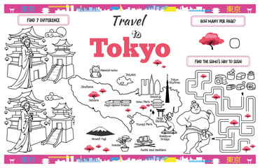A fun placemat for kids. Printable &ldquo;Travel to Tokyo&rdquo; activity sheet with a labyrinth and find the differences. 17x11 inch printable vector file