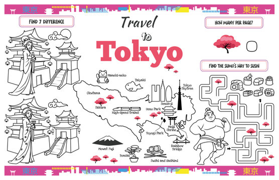 A fun placemat for kids. Printable “Travel to Tokyo” activity sheet with a labyrinth and find the differences. 17x11 inch printable vector file