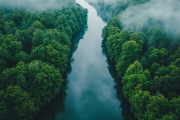 Aerial View Serene River Flowing Through Lush Green Forest