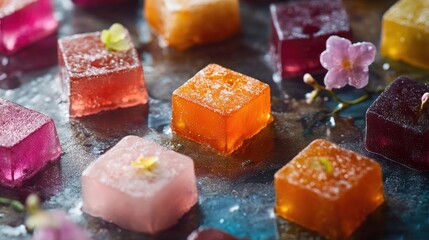 Colorful fruit-flavored gummy candies arranged with delicate flowers on a rustic background inviting sweet indulgence and nostalgia.
