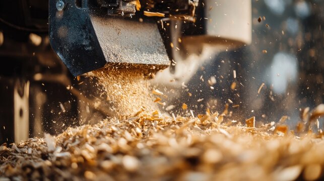 Macro shot of wood chipper in action revealing detailed shredding process with flying wood particles and textures from processed branches