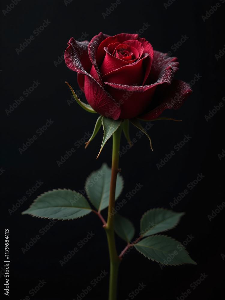 Poster a delicate black rose blooms in isolation on a dark background with red droplets and ample copy spac