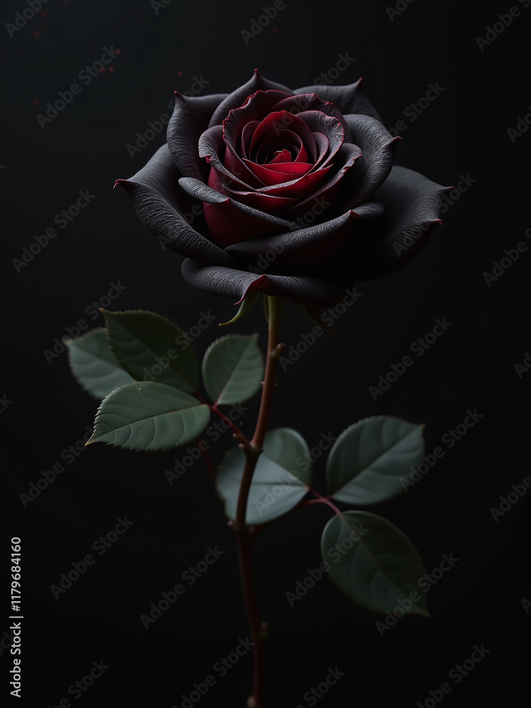 Poster a delicate black rose blooms in isolation on a dark background with red droplets and ample copy spac