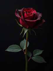 Naklejka premium A Delicate Black Rose Blooms In Isolation On A Dark Background With Red Droplets And Ample Copy Space Nearby. 00002