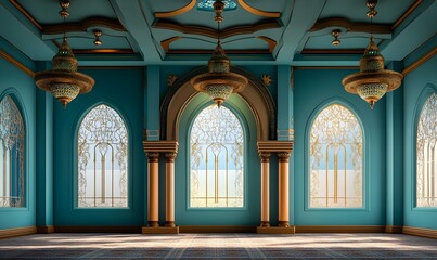 Obraz premium Luxurious teal and gold Islamic prayer room interior.