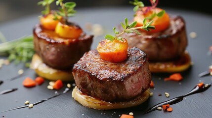 Gourmet meat canapÃ©s with vegetables and herbs elegantly arranged on a black plate for upscale dining or catering presentations.