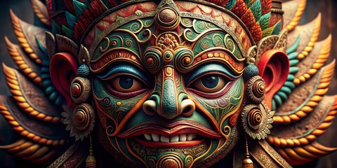 Naklejka premium Indonesian Mask: High-Detail Close-Up, Traditional Art, Bali Culture, Rich Colors, Authentic Craftsmanship