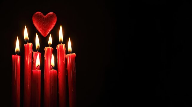 Romantic candles creating a heart-shaped shadow in dark setting with space for text perfect for love themed invitations or promotions