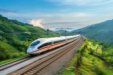 Modern big high-speed train in fast motion passes through railway stations, abstract vivid composition consists of fictional unreal fantastic vision on background