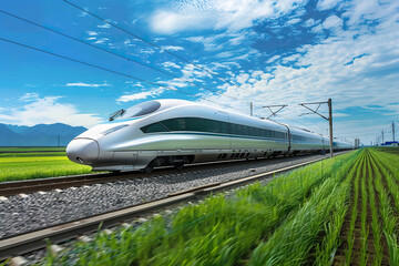 Modern big high-speed train in fast motion passes through railway stations, abstract vivid composition consists of fictional unreal fantastic vision on background