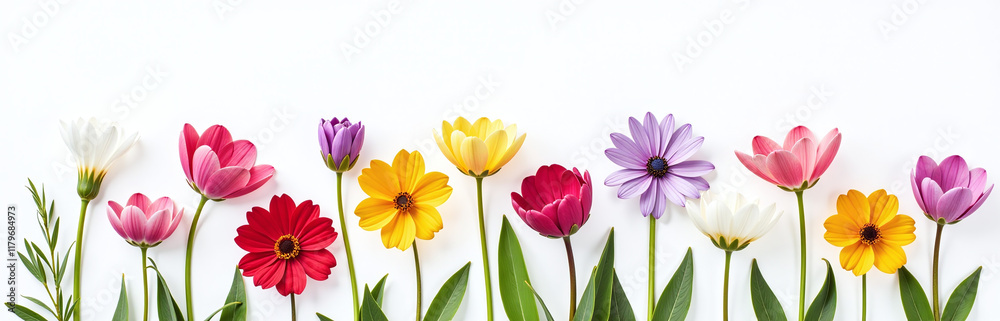 Poster a delicate arrangement of colorful flowers isolated against a plain white background in a unique art