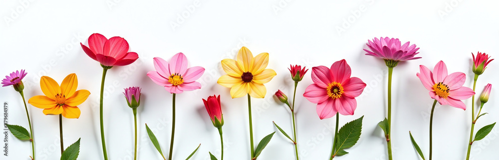 Poster a delicate arrangement of colorful flowers isolated against a plain white background in a unique art
