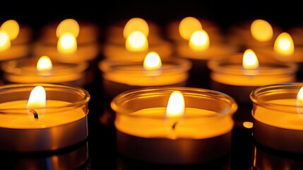 Warm glow of multiple candle flames illuminating a dark space creating a tranquil and serene atmosphere