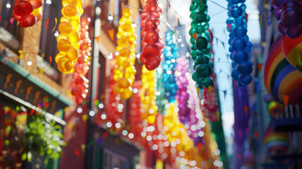 Rainbow Parade Decorations: Colorful decor draped from buildings, setting a joyful and inclusive tone at a pride parade.