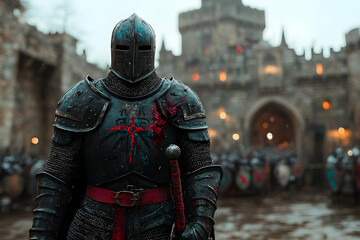 A weathered knight stands amidst a snowy battlefield before a medieval castle, his armor bearing the marks of past battles.  The cold wind whips aroun